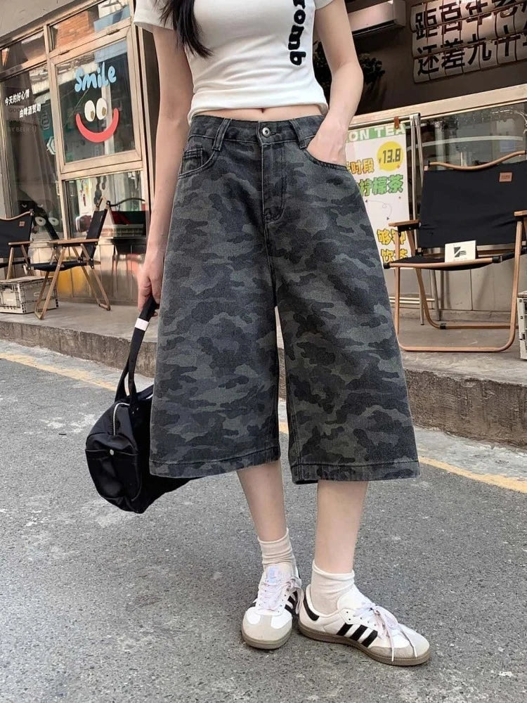Vintage Camouflage Denim Shorts Women's Clothes Streetwear Straight Casual Fashion Y2k Wide Leg Pants Pantalones Cortos De Mujer