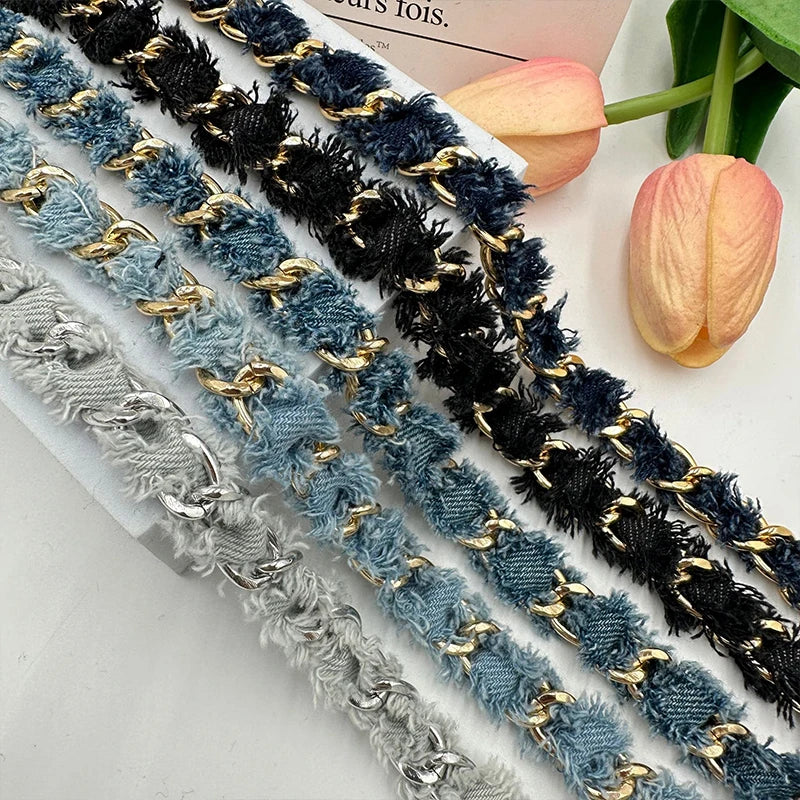 90cm Denim Woven Chains Straps For DIY Shoe Bag Clothing Decoration Craft Supplies Denim Metal Braided Trim Sewing Accessories