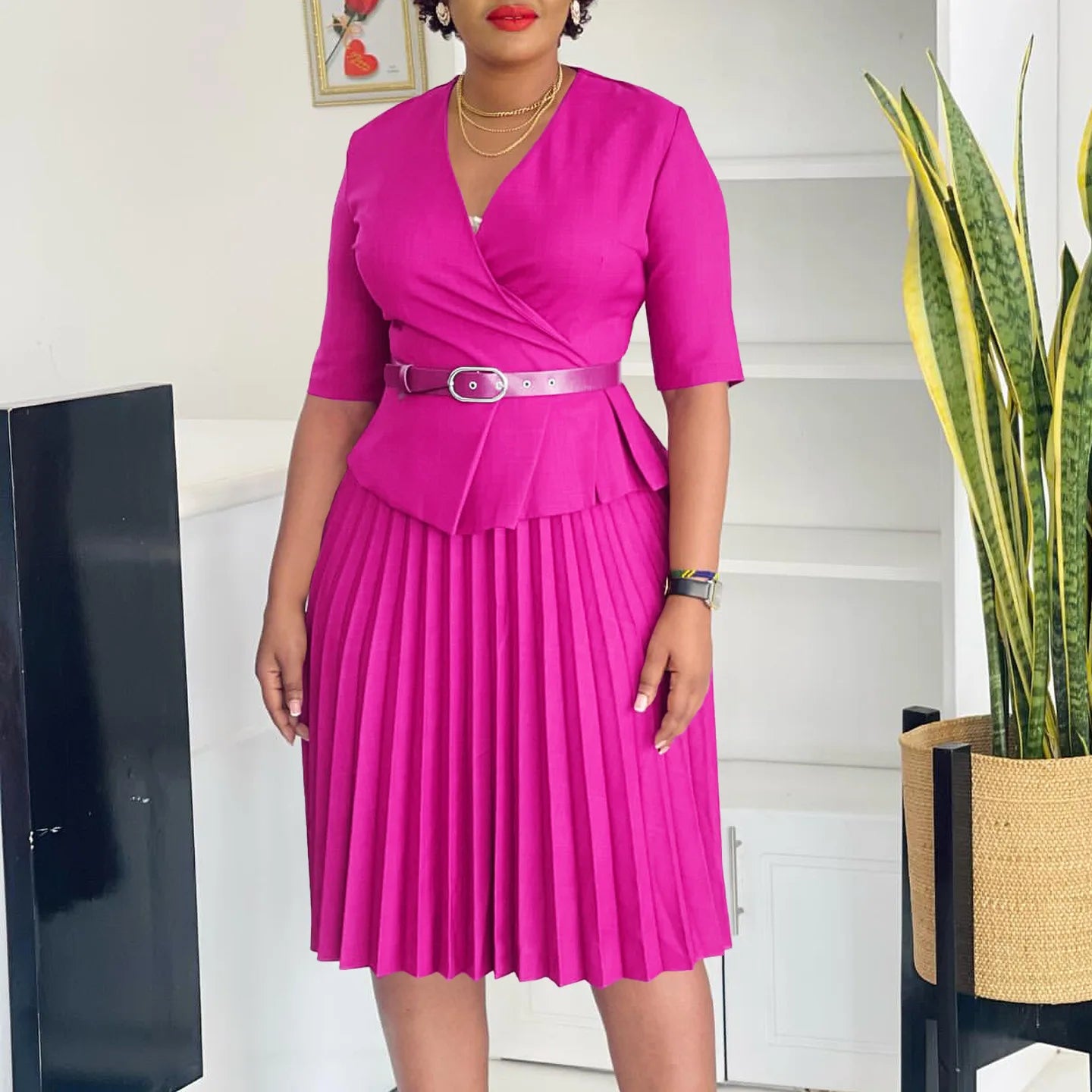 Elegant Church Dresses for Women V Neck Peplum Pleated Waist Belt Female Half Sleeves Classy Modest African Summer Fashion Gowns