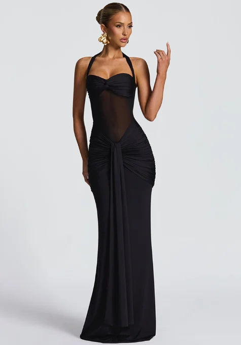 Elegant Banquet Dress For Women Fashion And Sexy Slim Solid Color V-neck Halter Neck Splicing Mesh Folds Package Hip Dresses