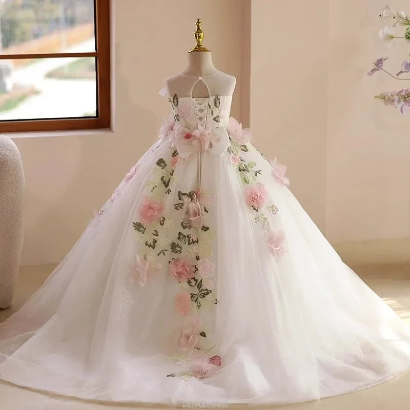 Elegant Dress For Girls Long Dress Floral Host Dresses Outfit Birthday Wedding Flower Gown Clothes Costume Children Pageant