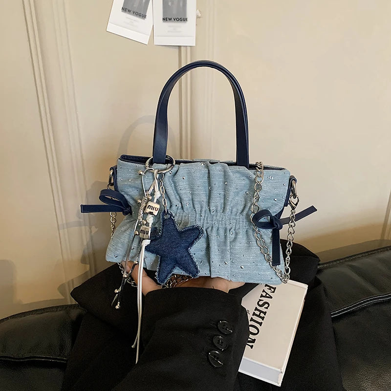Denim Ruched Mini Tote Bag with Star Charm Women's Retro Shoulder Handbag Cute Crossbody Purse for Streetwear & Daily Use