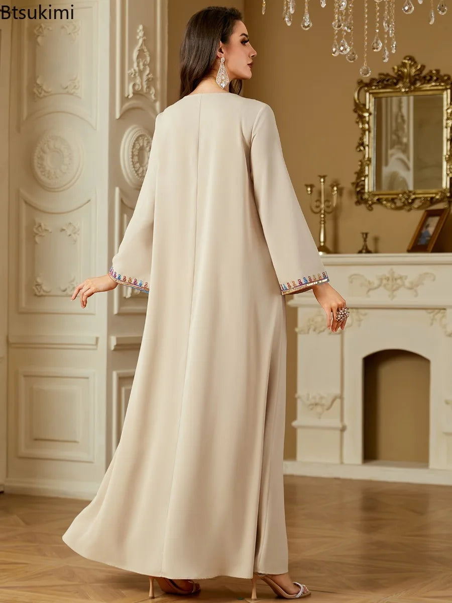 Muslim Elegant Dresses Women's Embroidery Long Sleeve Evening Dress Abayas Morocco Sequins V-neck Kaftan Eid Ramadan Party Robe