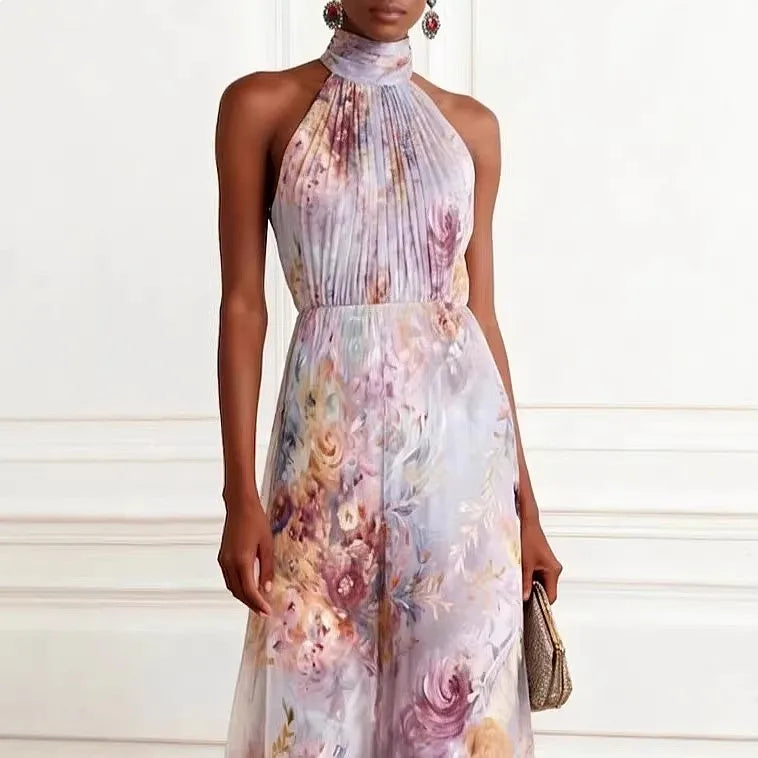 Halter Print Maxi Dress Women Sleeveless Long Dress Spring Summer Flowy Chiffon Evening Dress