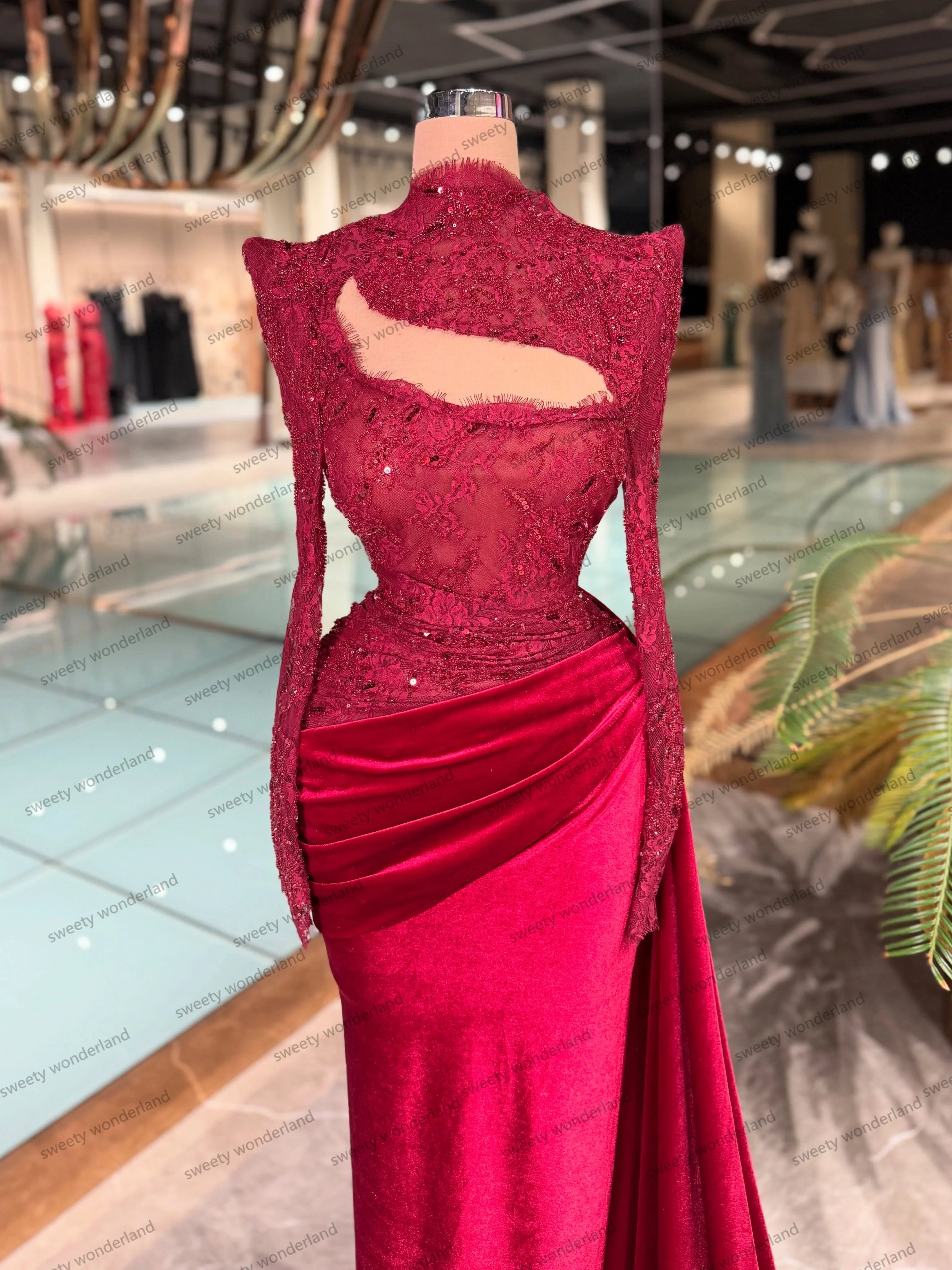 Elegant Velour Evening Dresses High Collar Lace Sequined Prom Dress Long Sleeves Formal Party Gown Gala Vestidos Customized