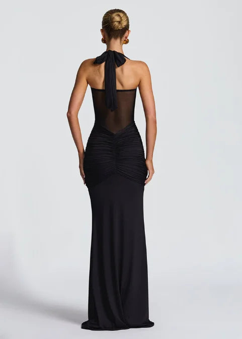 Elegant Banquet Dress For Women Fashion And Sexy Slim Solid Color V-neck Halter Neck Splicing Mesh Folds Package Hip Dresses