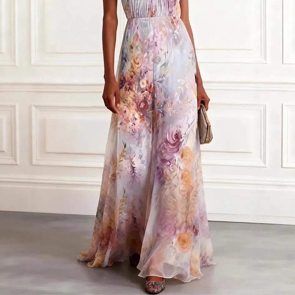 Halter Print Maxi Dress Women Sleeveless Long Dress Spring Summer Flowy Chiffon Evening Dress