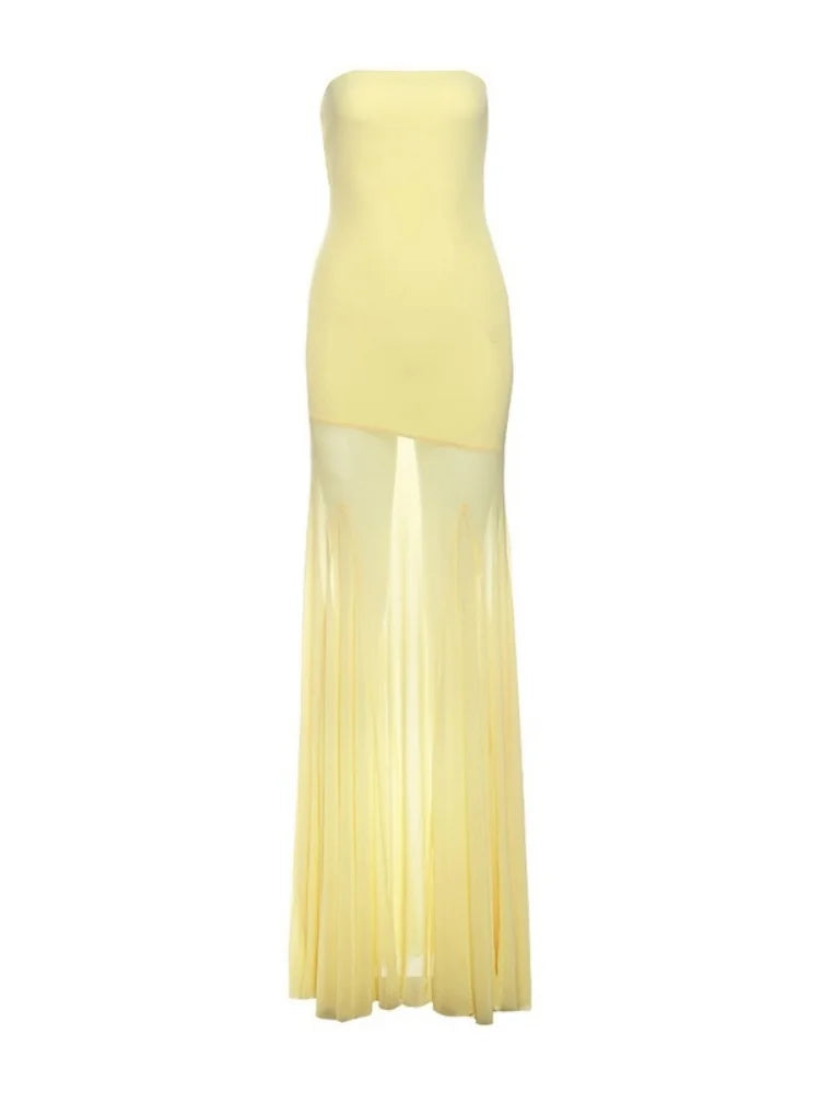 Solid Yellow Maxi Dresses For Women Evening Party Clothes Strapless Vestidos Elegantes Para Mujer Floor Length Wedding Dresses
