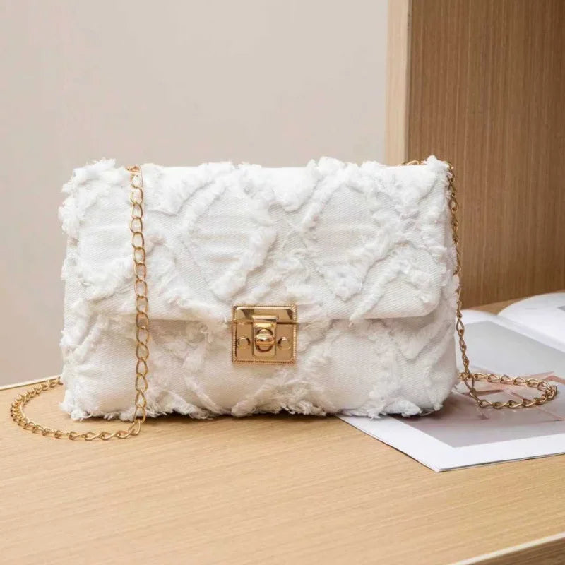 Women Denim Shoulder Bag Casual Versatile Women's Bag City Simple Style Medium Square Bag Grid Chain Lock Buckle PU Lining