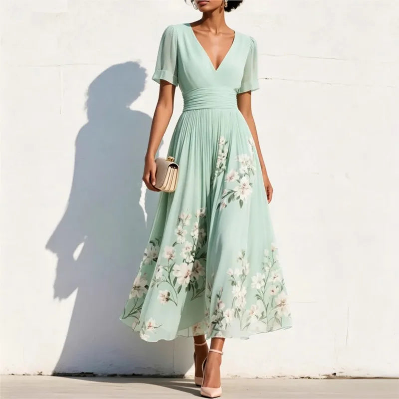 Elegant Print Dress For Women 2026 Fashion V Neck Sleeveless High Waist Big Swing A-line Lady Maxi Dresses Femme Holiday Party