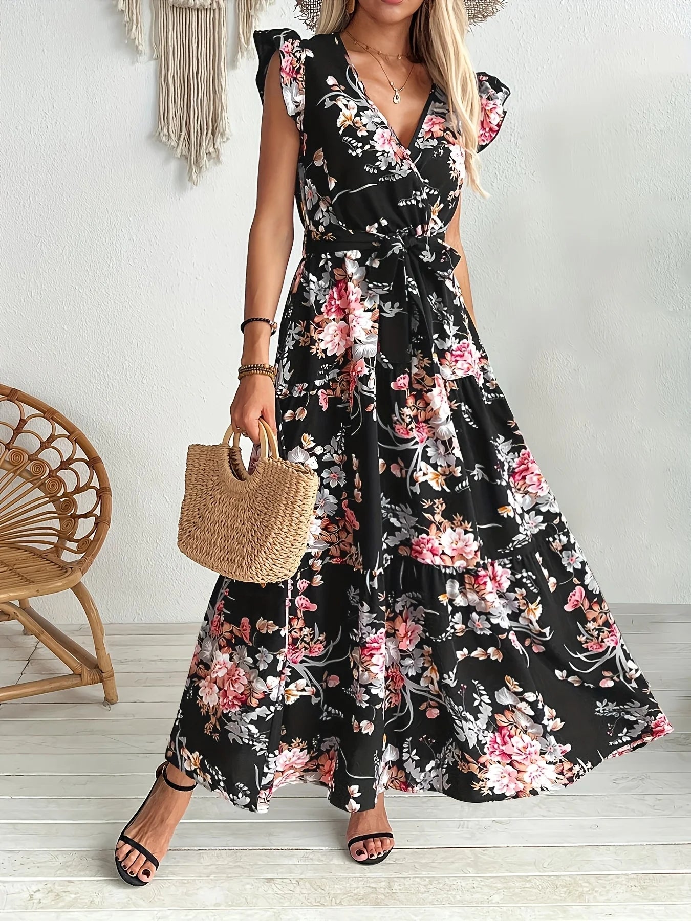 Elegant Digital Print Maxi Dress Vivid Floral Pattern for Vacation Resort Special Evenings