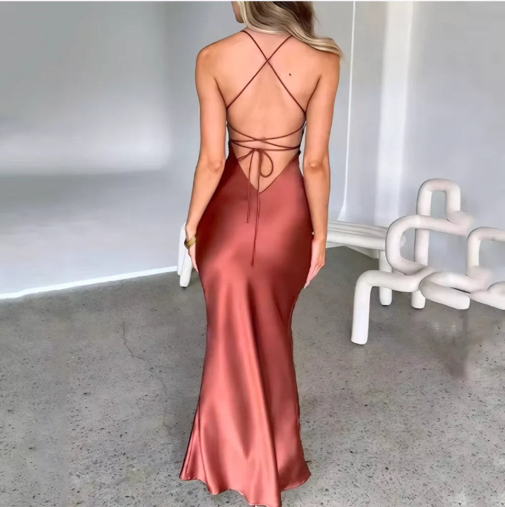 Sexy halter satin dress, a new autumn fashion backless strappy cinched-waist long dress
