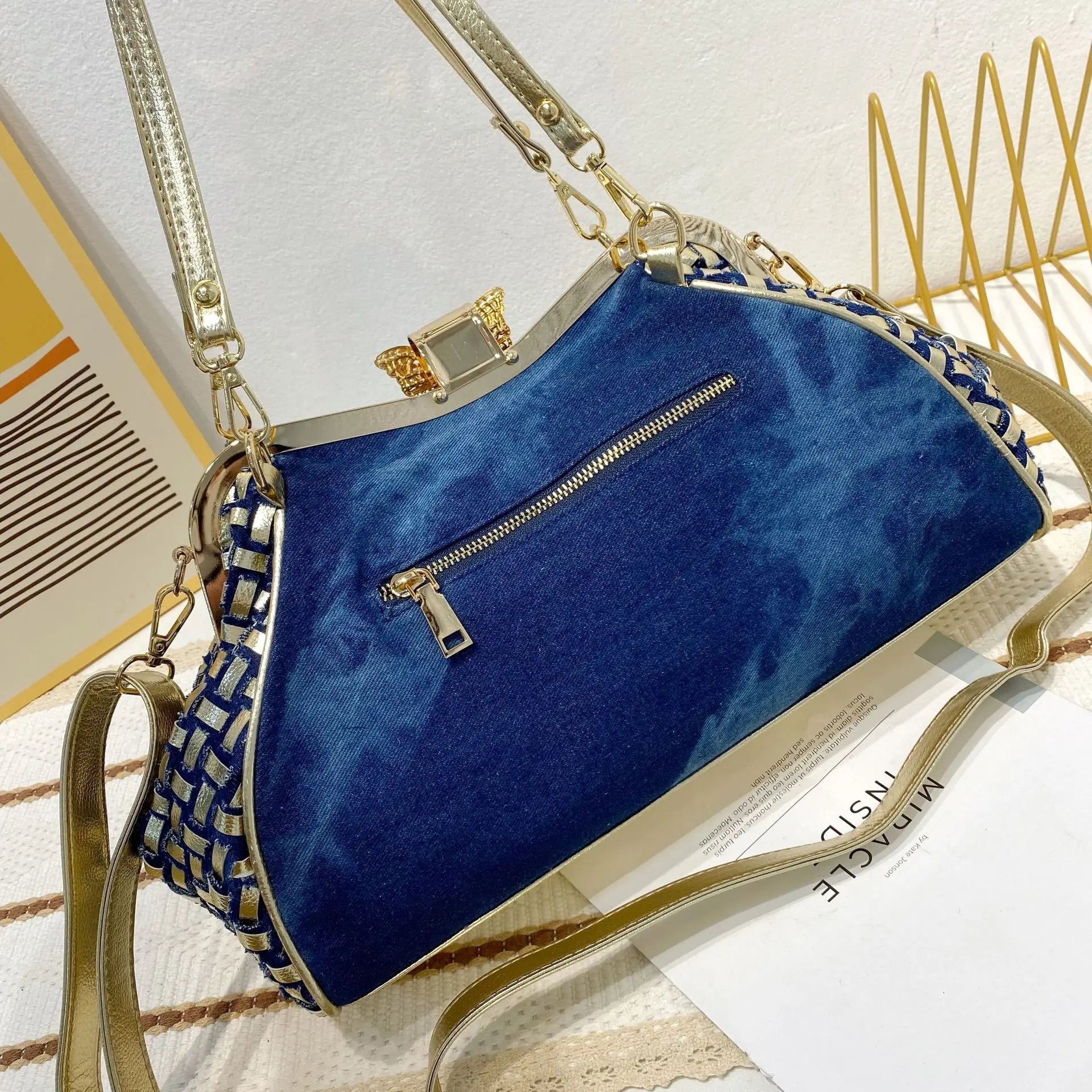 Denim Rhinestones Women Handbag Clutch Bag For Evening Party Chic Butterfly Decoration Ladies Denim Shoulder Bag