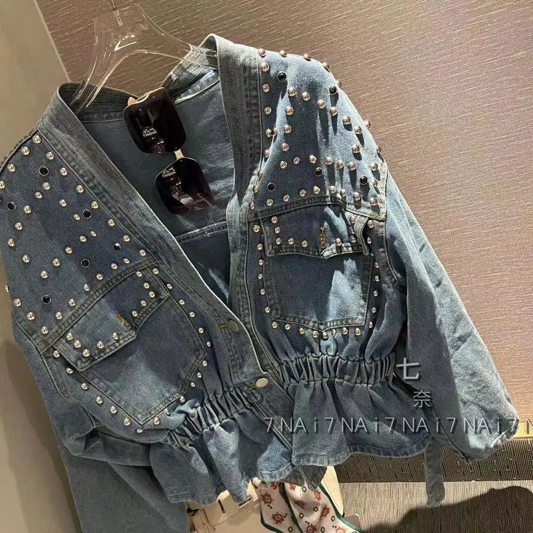 Design Inspired Denim Jacket For women 2025 Spring Autumn New Heavy Industry diamond Studded Nail bead Slimming Long sleeved Top