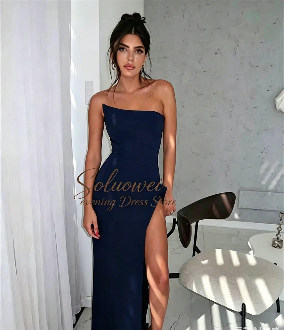 Elegant Women Pleat Evening Dresses Simple Black Mermaid Party Dress Sexy Off Shoulder High Slit Customized Vestidos De Fiesta