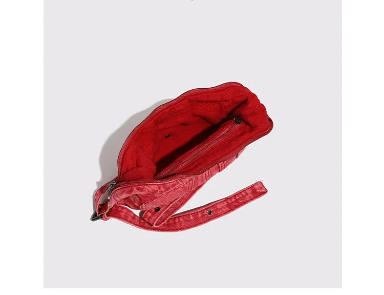 Fashion Denim Women Shoulder Bag small Casual Satchel Cool Girl Totes multi pocket design female Handbag red ladies Armpit bag