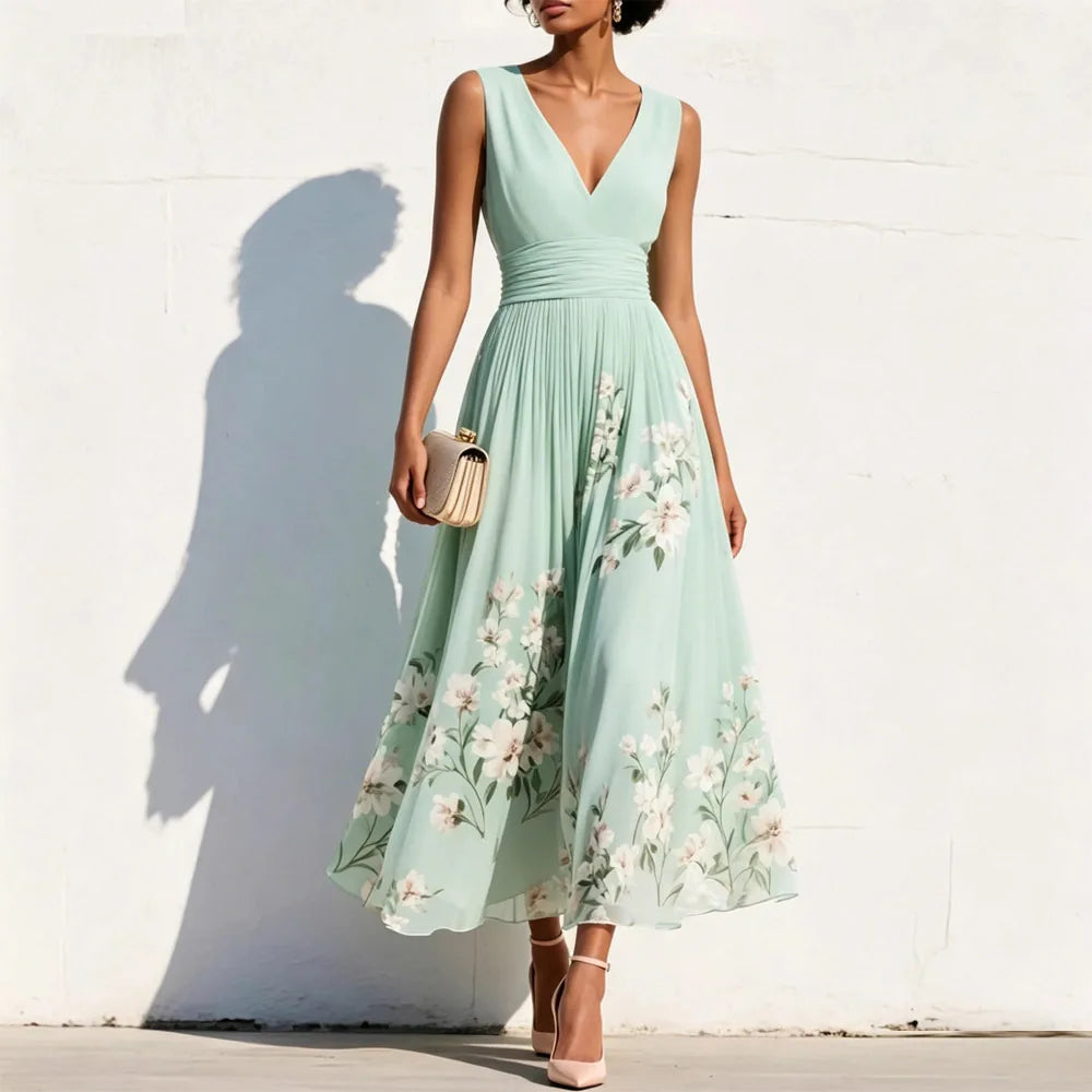 Elegant Print Dress For Women 2026 Fashion V Neck Sleeveless High Waist Big Swing A-line Lady Maxi Dresses Femme Holiday Party