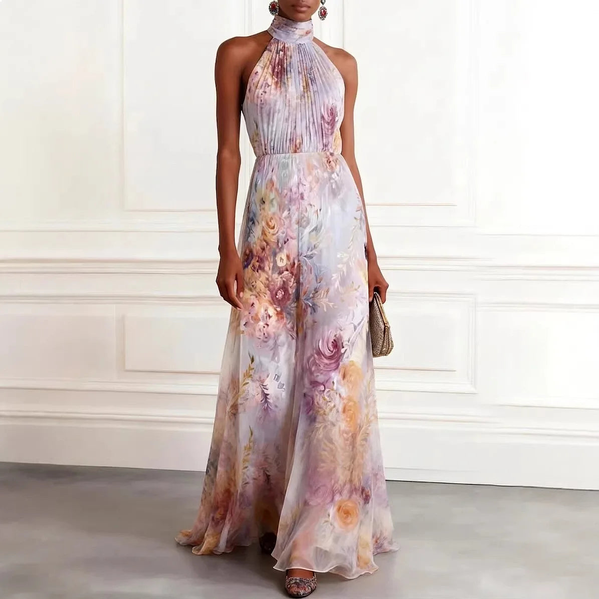 Halter Print Maxi Dress Women Sleeveless Long Dress Spring Summer Flowy Chiffon Evening Dress
