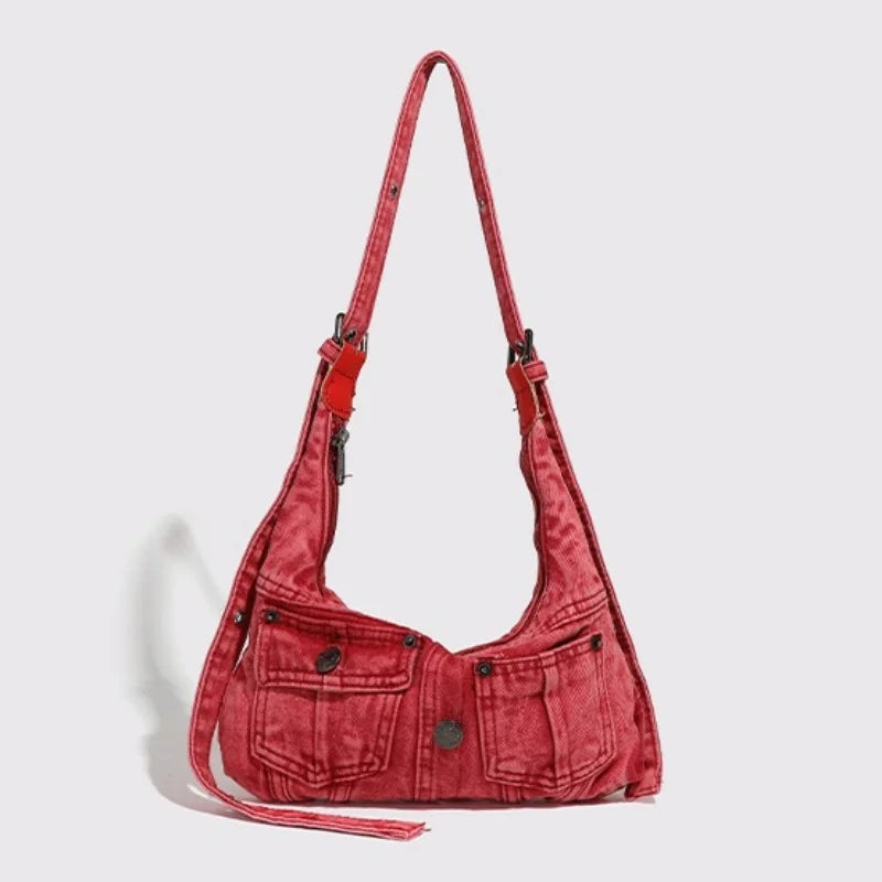 Fashion Denim Women Shoulder Bag small Casual Satchel Cool Girl Totes multi pocket design female Handbag red ladies Armpit bag