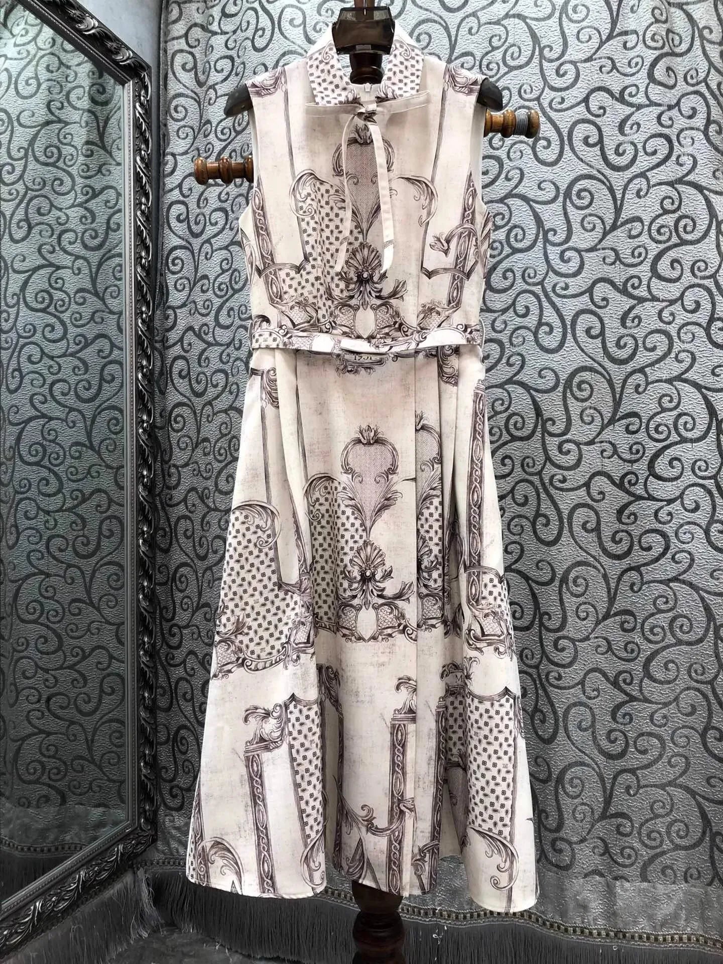 New Arrival Dress 2026 Spring Summer Fashion Lady Detachable Collar Vintage Prints Belt Deco Sleeveless Mid-Calf Dress Vestidos