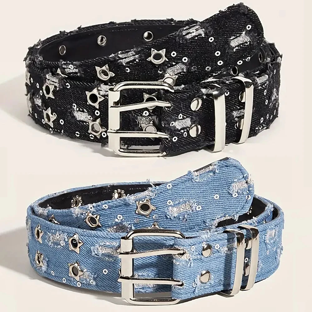1PC New Fashion Luxury Belt Black Punk Accessories Blue Denim Girdle HipHop Y2k Star Hollowed Pin Buckle Waistband,For Men Women