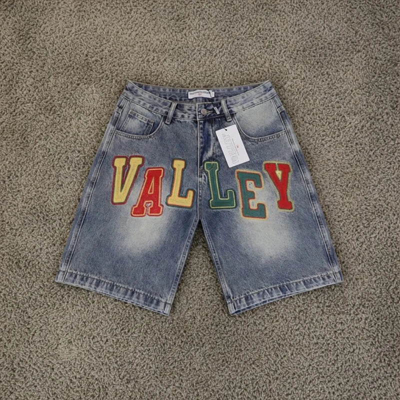 Fashionable High Street Summer Men's Women's Colorful Embroidery Printed High-quality Vale Denim Shorts