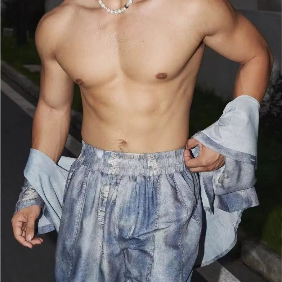 Summer New Imitation Denim Shirt Shorts Set Men's Design Loose Casual Two-piece Set