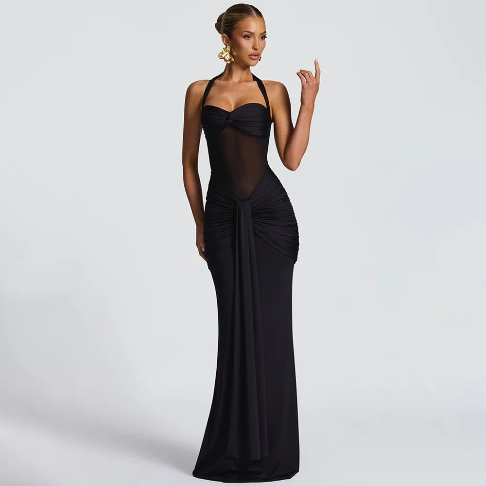 Elegant Banquet Dress For Women Fashion And Sexy Slim Solid Color V-neck Halter Neck Splicing Mesh Folds Package Hip Dresses