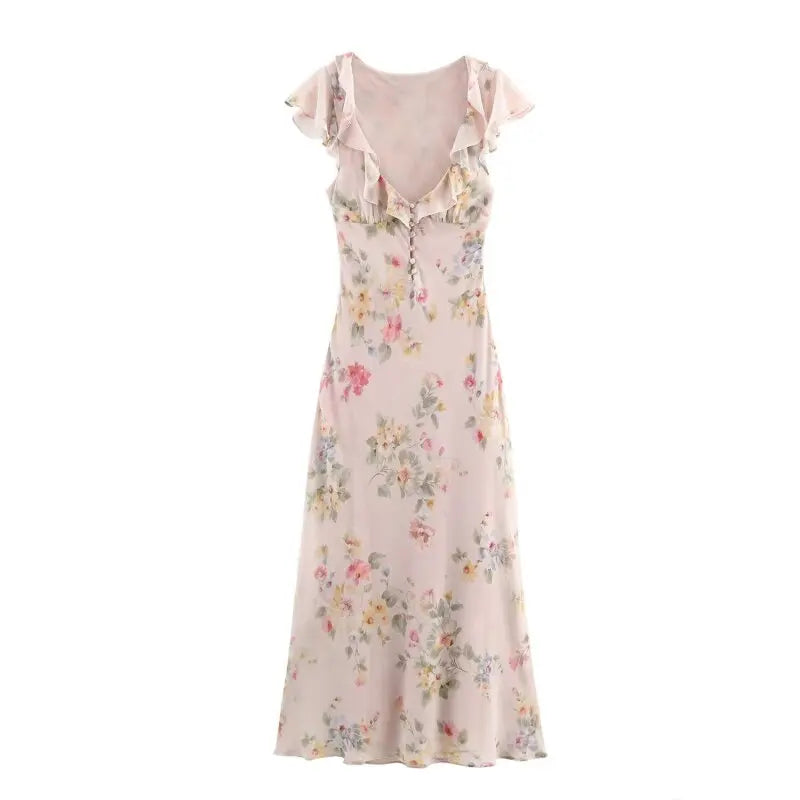 Elegant French Style Floral Maxi Dress for Women Deep V Neck Ruffle Sleeve Long Dress Summer Casual Vacation Outfit