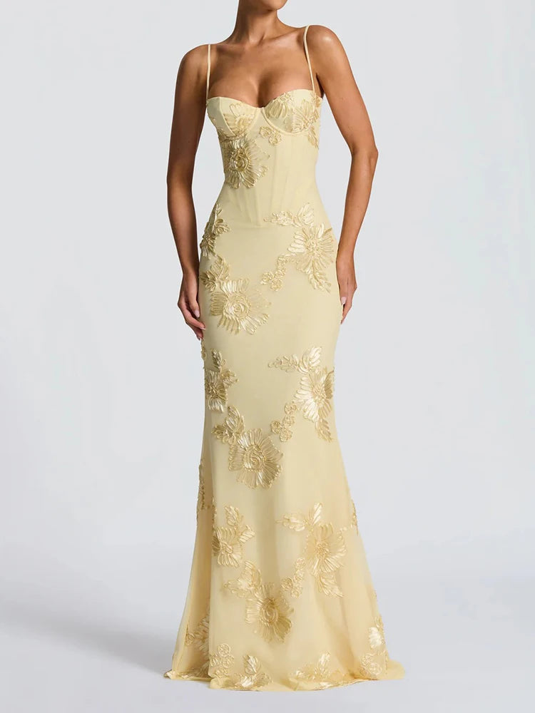 Elegant temperament flower evening dress female high-end banquet wearing sling dress slim French backless solid color dress
