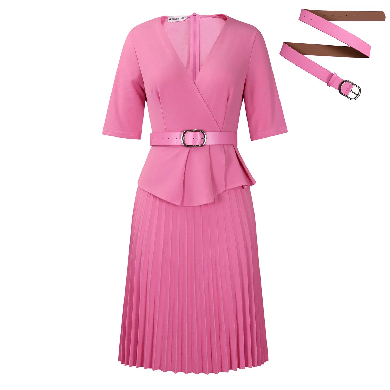 Elegant Church Dresses for Women V Neck Peplum Pleated Waist Belt Female Half Sleeves Classy Modest African Summer Fashion Gowns