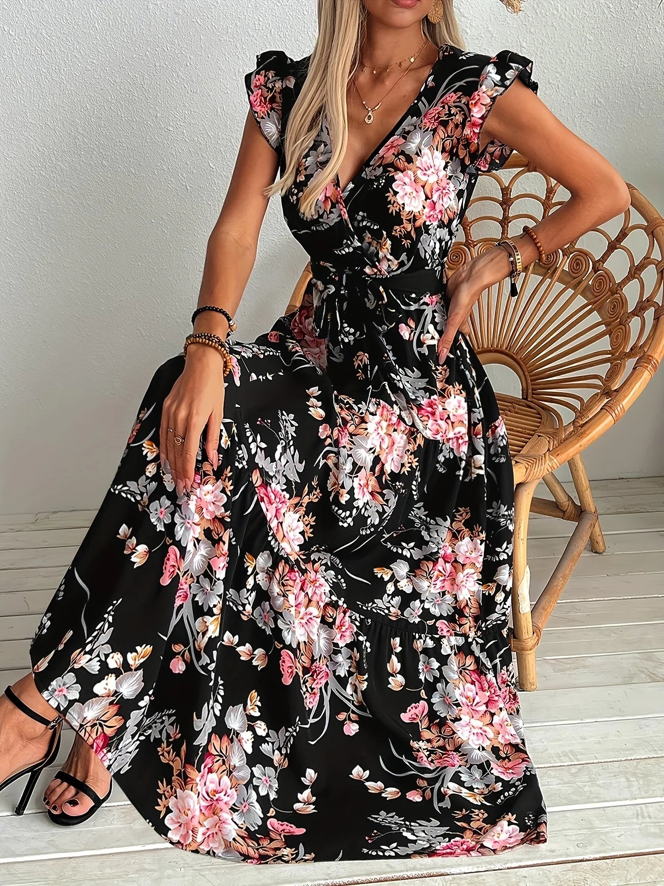 Elegant Digital Print Maxi Dress Vivid Floral Pattern for Vacation Resort Special Evenings