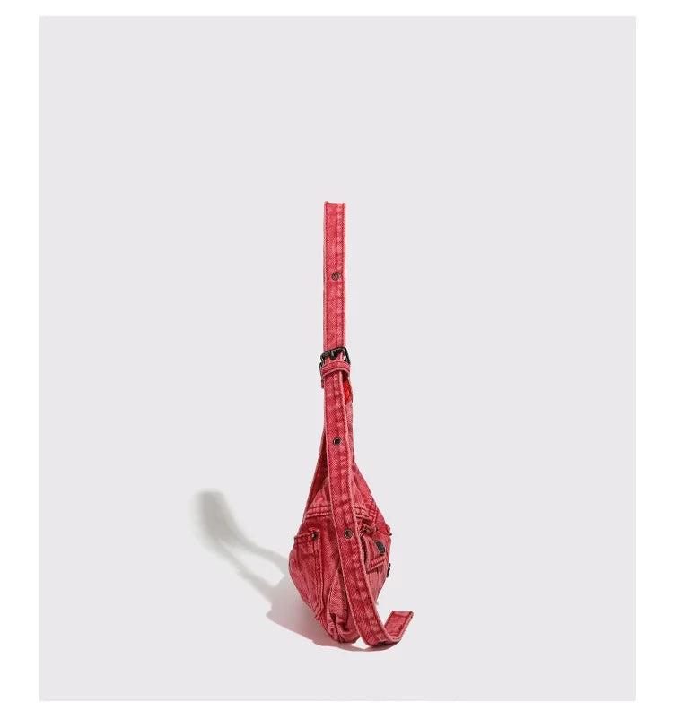 Fashion Denim Women Shoulder Bag small Casual Satchel Cool Girl Totes multi pocket design female Handbag red ladies Armpit bag