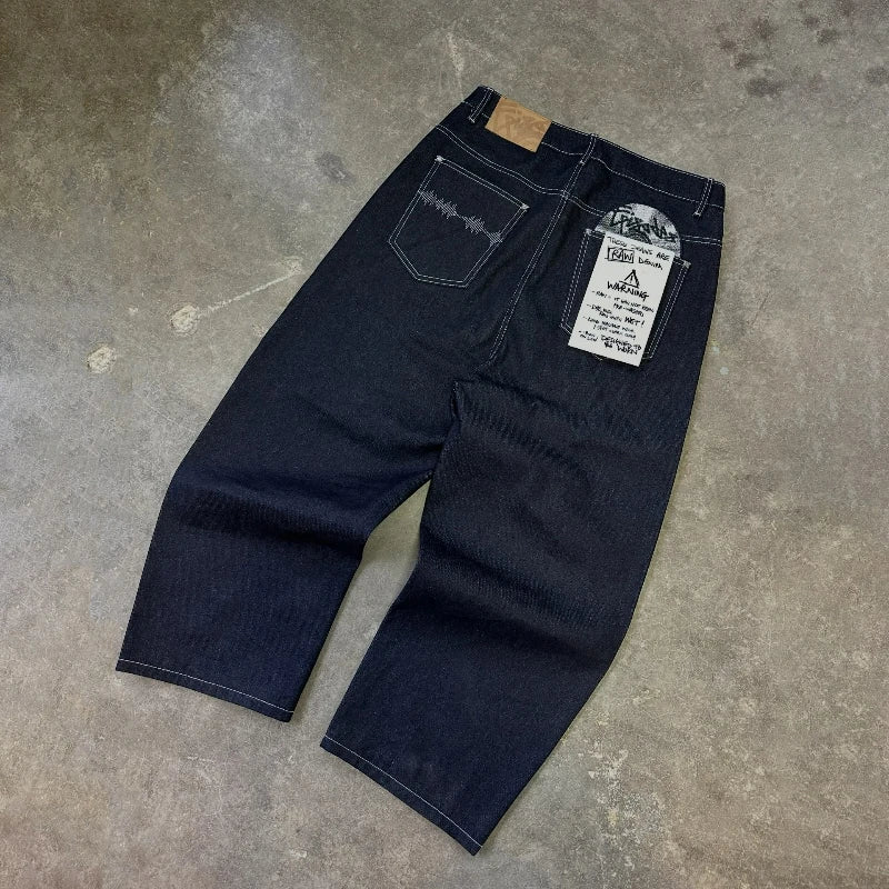 Vintage Black Denim Jeans Trendy Disc Embroidery Men And Women Wide Leg Pants Hip Hop Harajuku Streetwear Casual Baggy Jeans
