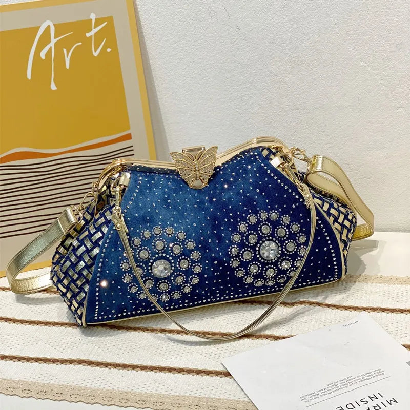 Denim Rhinestones Women Handbag Clutch Bag For Evening Party Chic Butterfly Decoration Ladies Denim Shoulder Bag