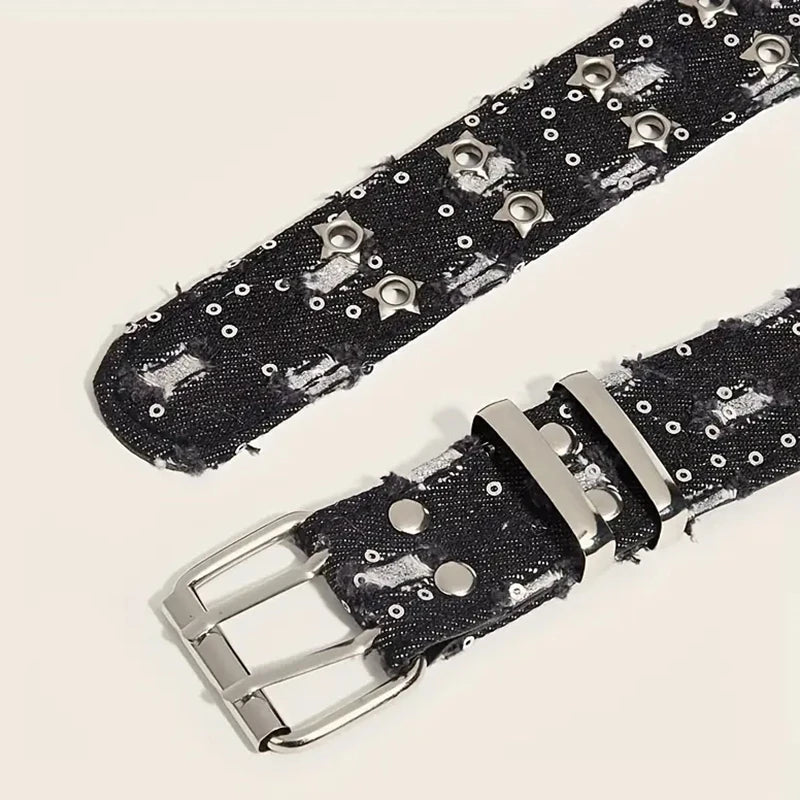 1PC New Fashion Luxury Belt Black Punk Accessories Blue Denim Girdle HipHop Y2k Star Hollowed Pin Buckle Waistband,For Men Women