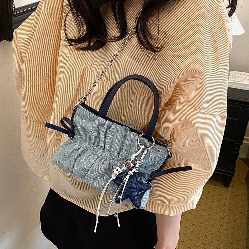 Denim Ruched Mini Tote Bag with Star Charm Women's Retro Shoulder Handbag Cute Crossbody Purse for Streetwear & Daily Use