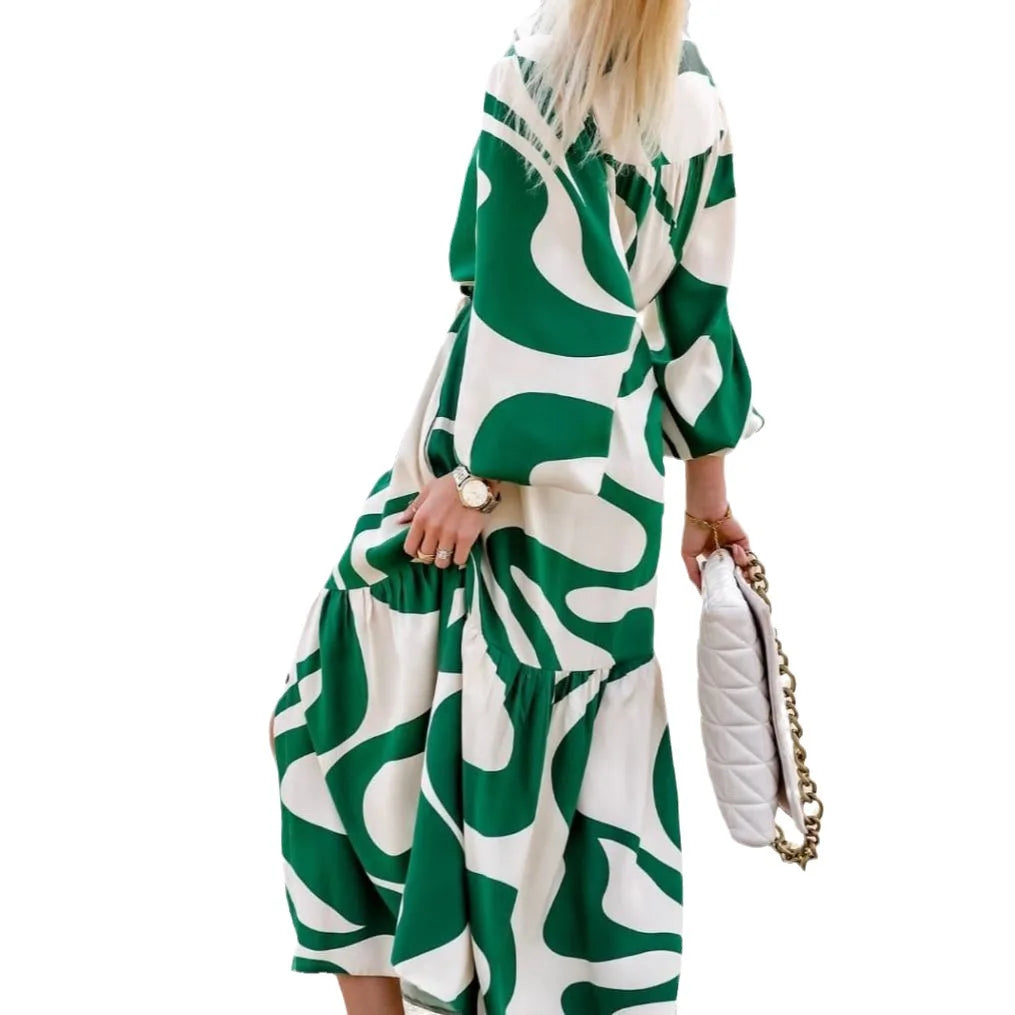 New Arrival Woman Geometric Print Belted Shirt Dress Long Sleeves Button Down Ideal for Casual Chic and Street Style