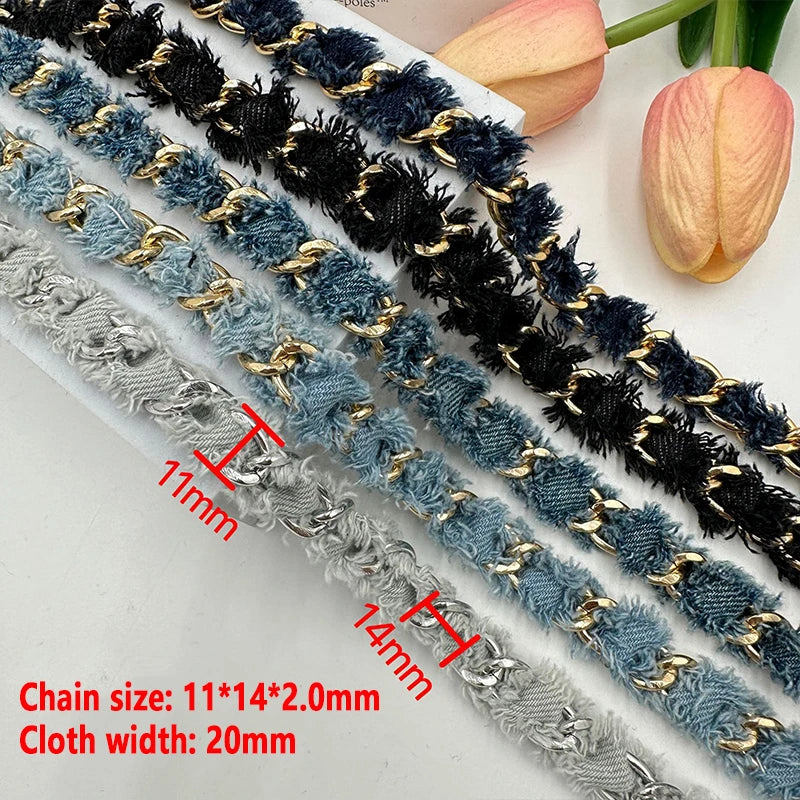 90cm Denim Woven Chains Straps For DIY Shoe Bag Clothing Decoration Craft Supplies Denim Metal Braided Trim Sewing Accessories