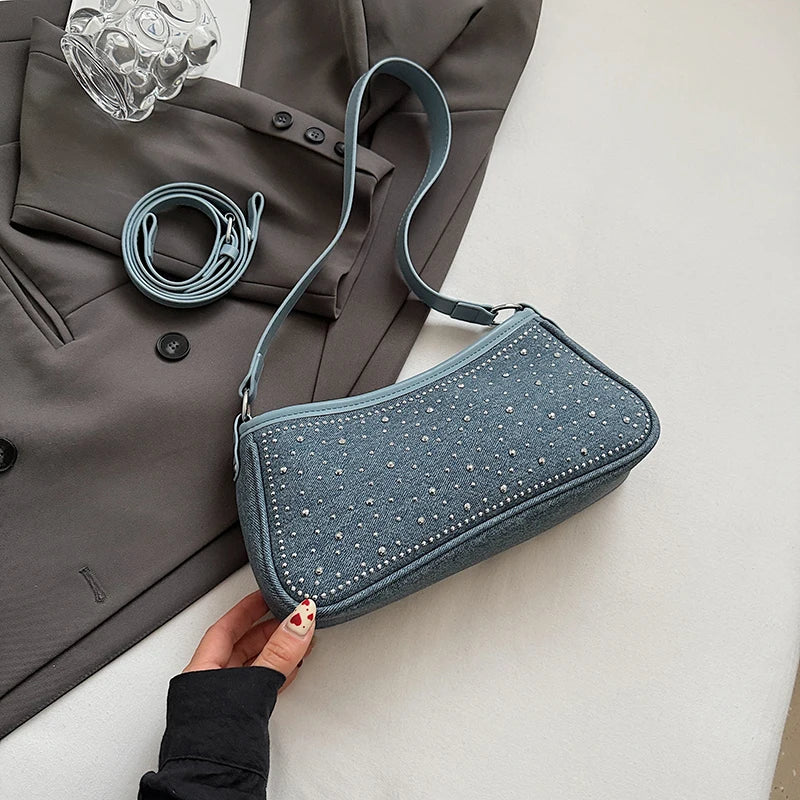 Vintage Denim Underarm Sling Bag Women Studded Diamond Shoulder Bag French Style Armpit Shopper Purse Verastile Crossbody Bag