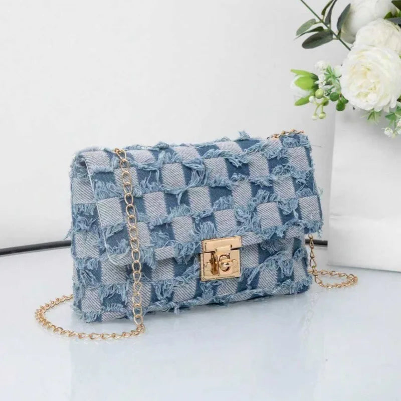 Women Denim Shoulder Bag Casual Versatile Women's Bag City Simple Style Medium Square Bag Grid Chain Lock Buckle PU Lining
