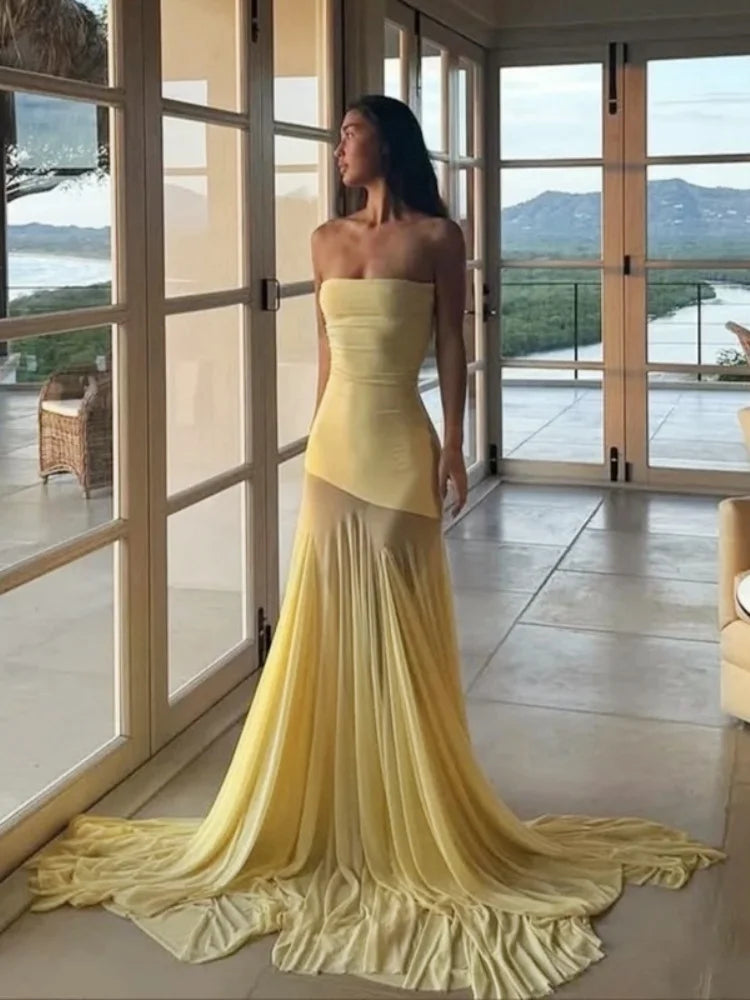 Solid Yellow Maxi Dresses For Women Evening Party Clothes Strapless Vestidos Elegantes Para Mujer Floor Length Wedding Dresses