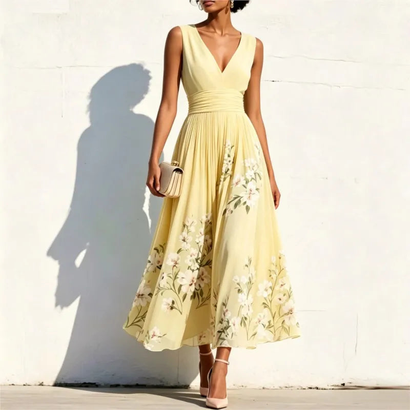 Elegant Print Dress For Women 2026 Fashion V Neck Sleeveless High Waist Big Swing A-line Lady Maxi Dresses Femme Holiday Party
