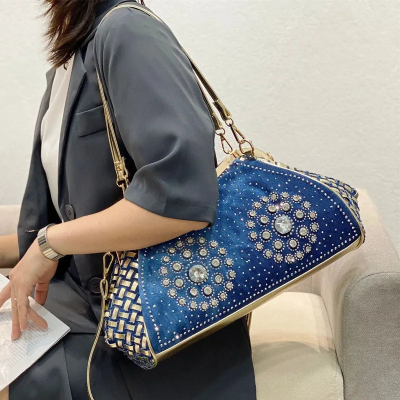 Denim Rhinestones Women Handbag Clutch Bag For Evening Party Chic Butterfly Decoration Ladies Denim Shoulder Bag