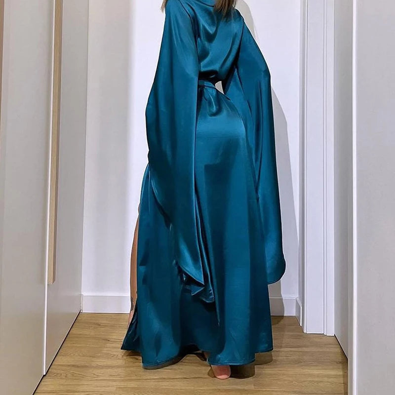 Sexy High Waisted Split Party Dresses Casual Multi-color Lace Up Women's Dress New Spring Summer Satin Loose Robe Dress Vestidos