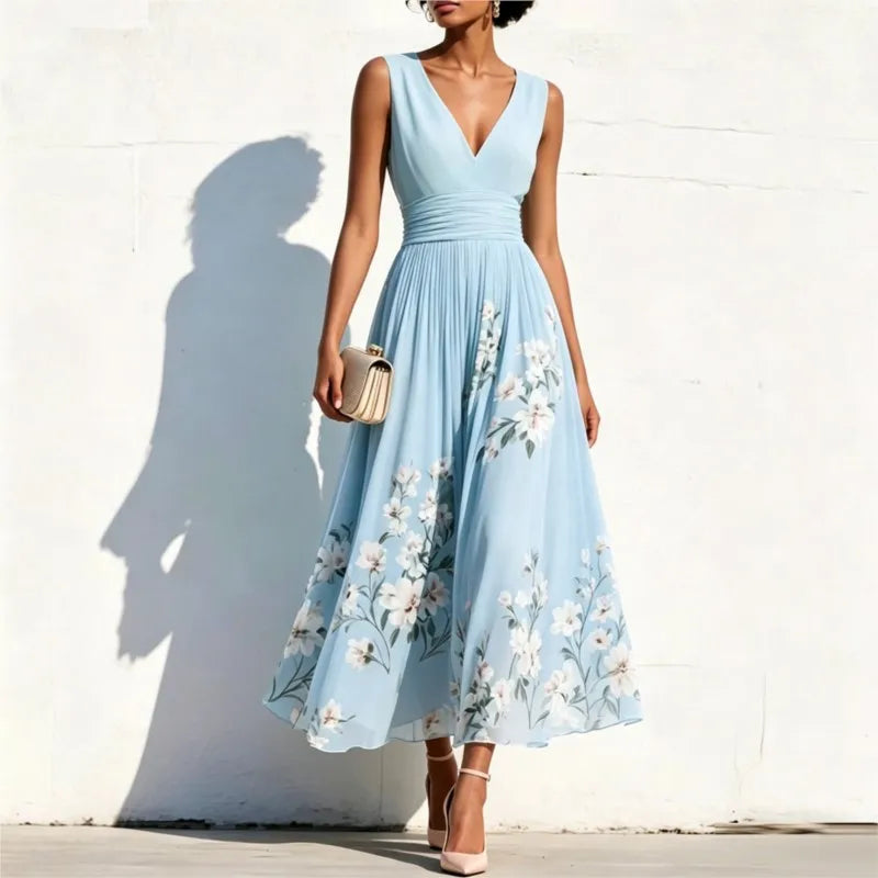 Elegant Print Dress For Women 2026 Fashion V Neck Sleeveless High Waist Big Swing A-line Lady Maxi Dresses Femme Holiday Party