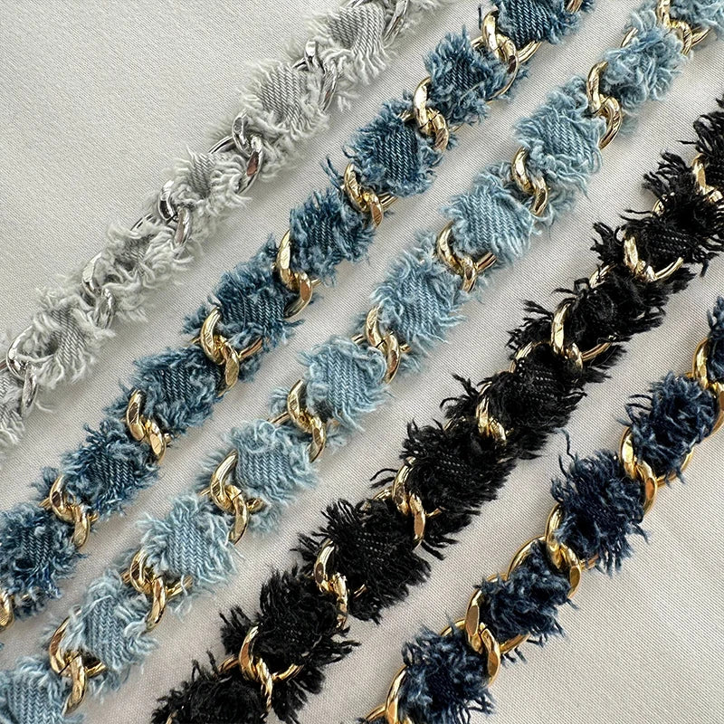 90cm Denim Woven Chains Straps For DIY Shoe Bag Clothing Decoration Craft Supplies Denim Metal Braided Trim Sewing Accessories