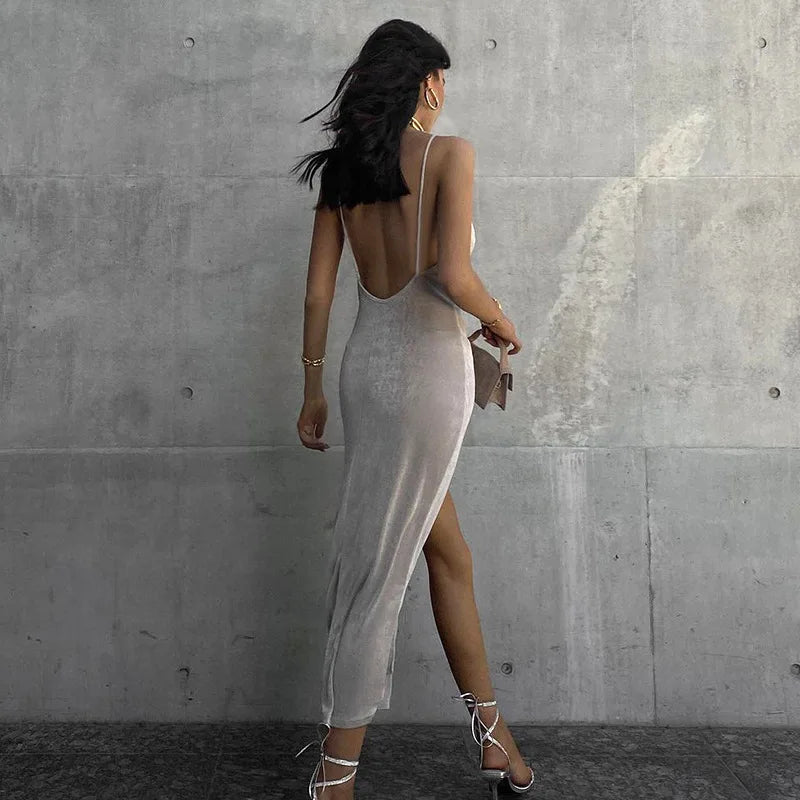 Sexy Dresses for Women High Split Party Dresses Spaghetti Straps Cowl Neck Long Dresses Backless Bodycon Dress For Girls