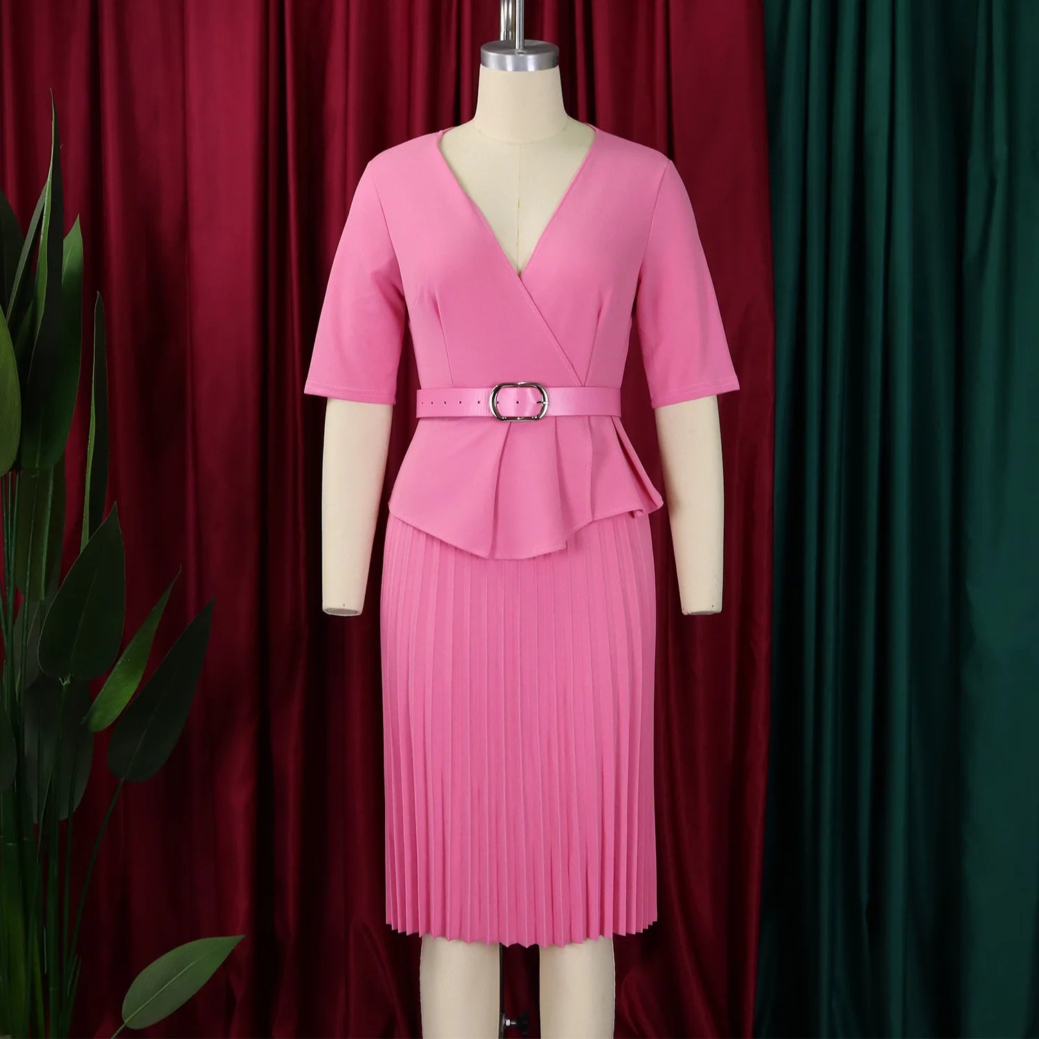 Elegant Church Dresses for Women V Neck Peplum Pleated Waist Belt Female Half Sleeves Classy Modest African Summer Fashion Gowns