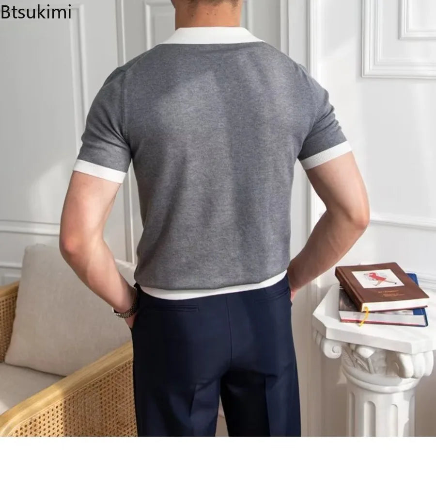Fashion New Men's Elegant Knitted Polo Shirts Casual Versatile Lapel Tees Summer Breathable Loose Tops for Men Commuter Clothes